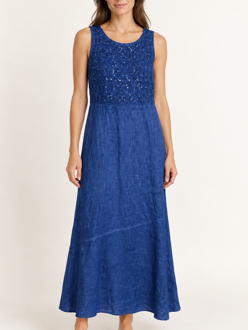 120% Lino Sleeveless Linen Sequin Maxi Dress – Size 40 (US XS)